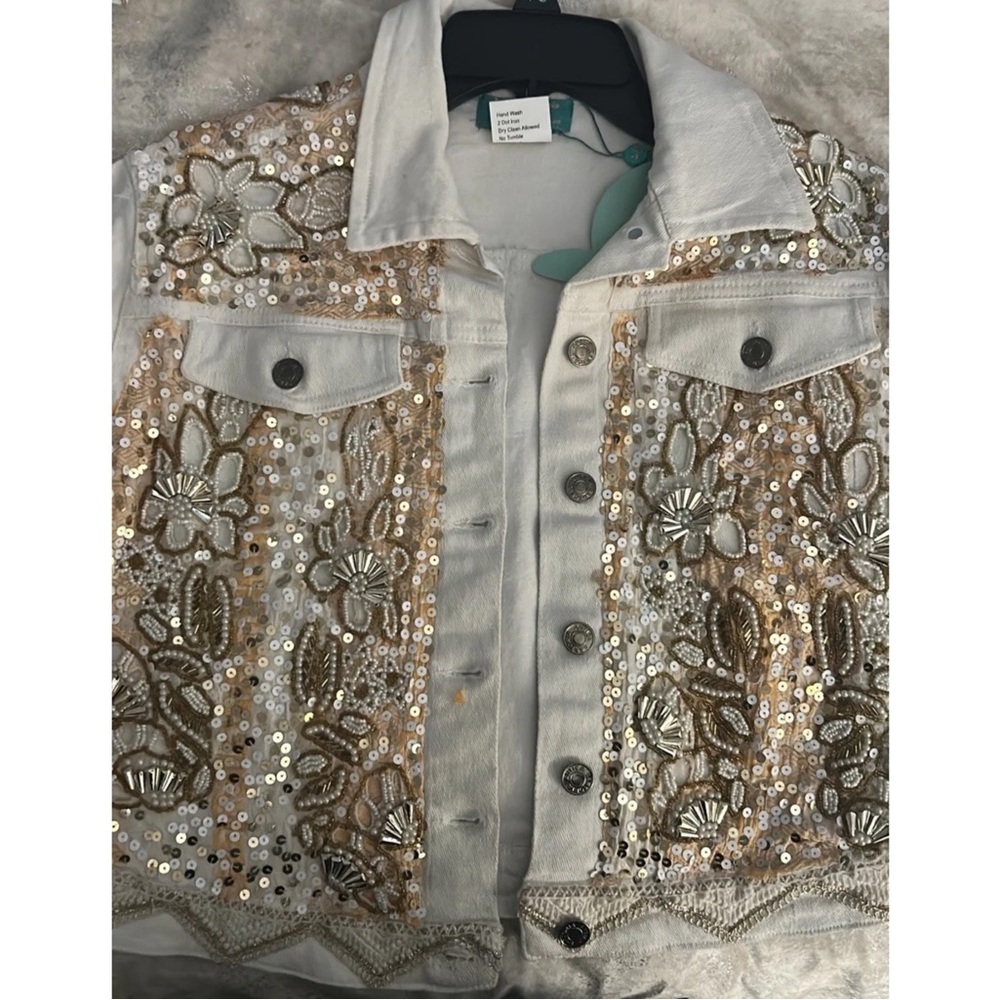 Antica Sartoria 2024 Ecru White Beaded
Denim Jacket Medium NWT STUNING Last One